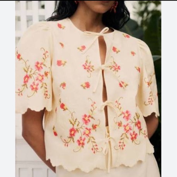 Sezane Zelia Blouse - Sézane X Andion Cream With Pink Floral Embroidery
